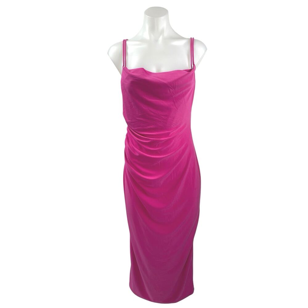 ZARA Fuchsia Ruched Sleeveless Cami Cowl Neck Midi Tank Bodycon Slip Dress S